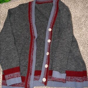 Gray Cardigan with Red and Blue Trim